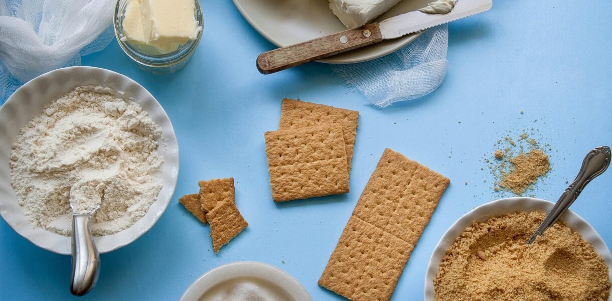 Brown Crackers on Blue Surface